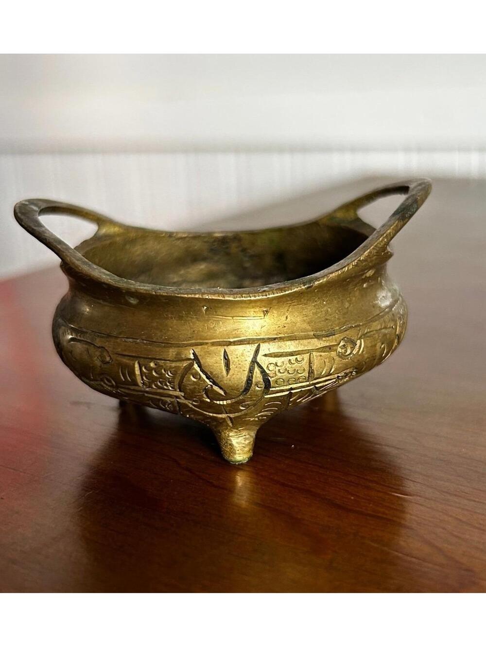 Vintage Solid Brass Mini Cauldron Fish Engraved Tripod Ritual Altar